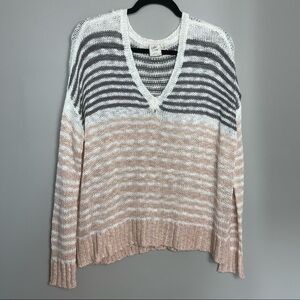White Crow Loose Knit V Neck Sweater Size Large Open Crochet Top Pale Pink White